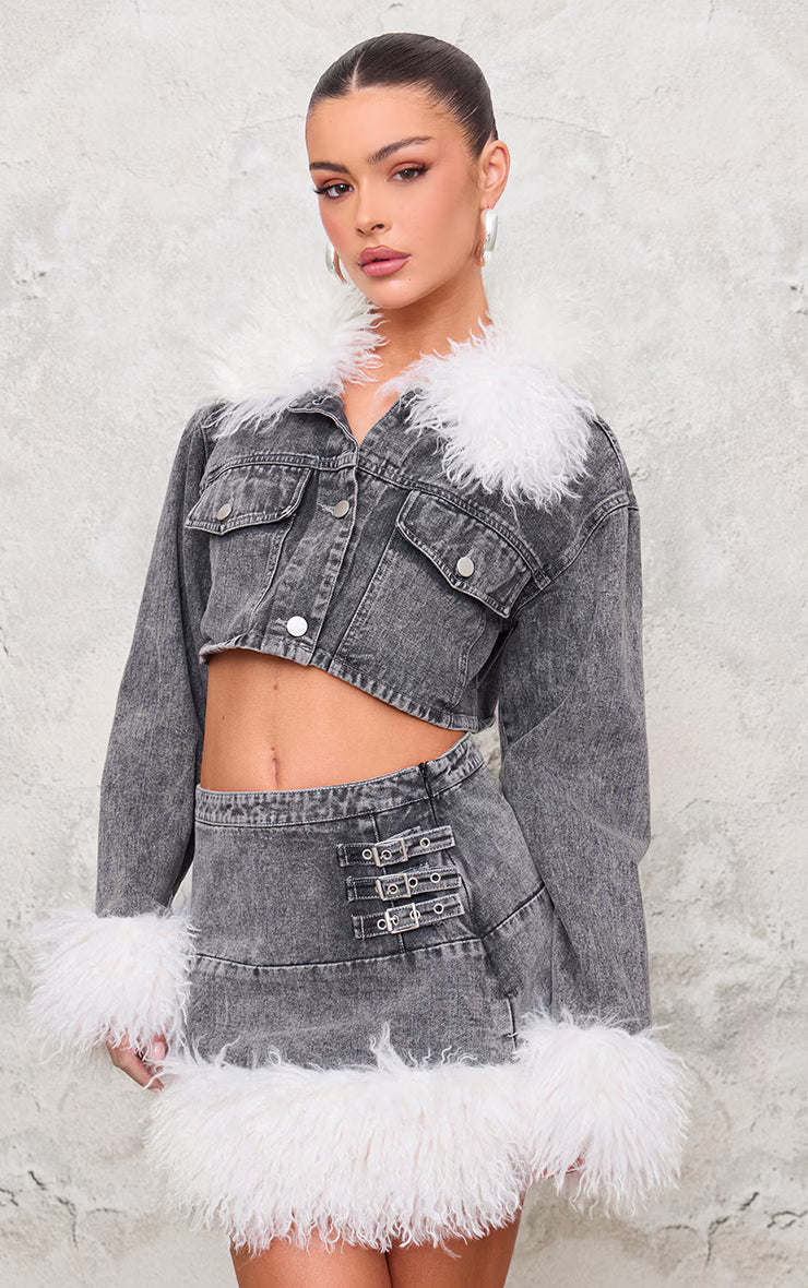 Washed Grey Denim Cropped Faux Fur Trim Detail Jacket
