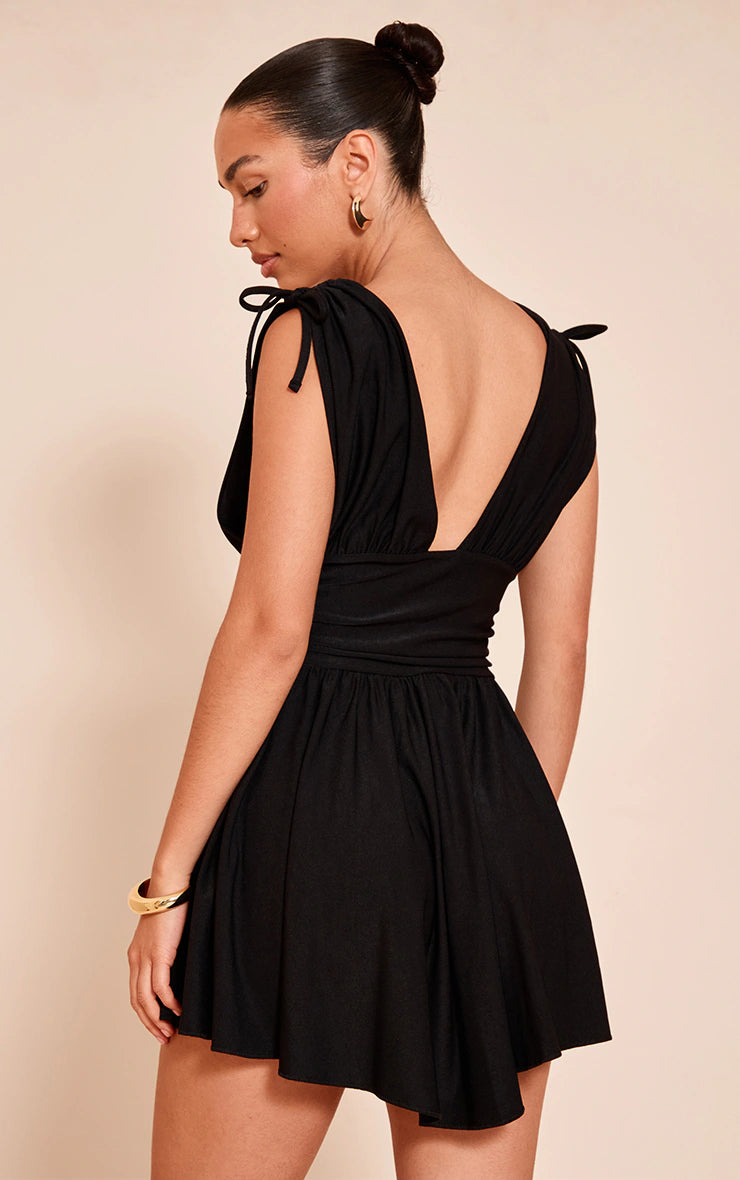 Black Jersey Plunge Neck Shift Dress