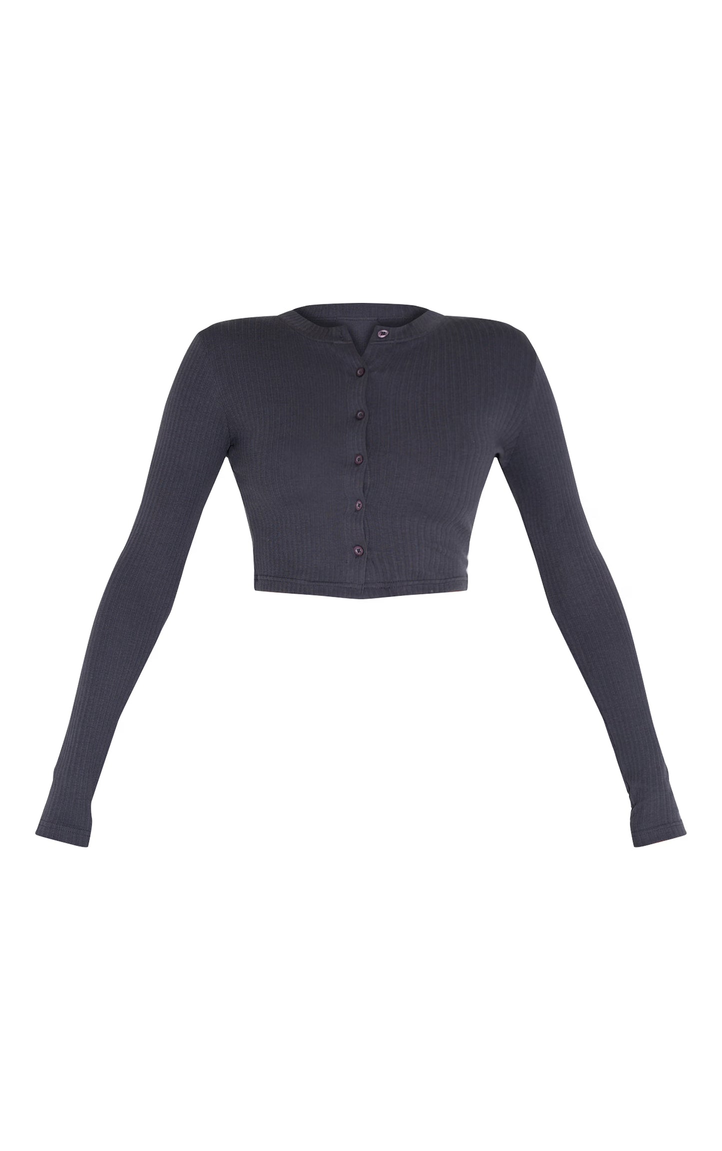Charcoal Ribbed Button Down Detail Long Sleeve Top