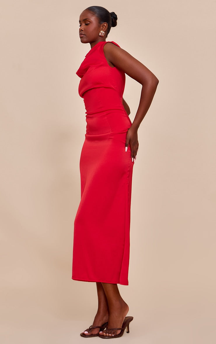 Red Satin Boat Neck Fishtail Midi Dress