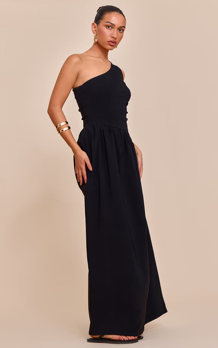 Black Stretch Woven One Shoulder Maxi Dress