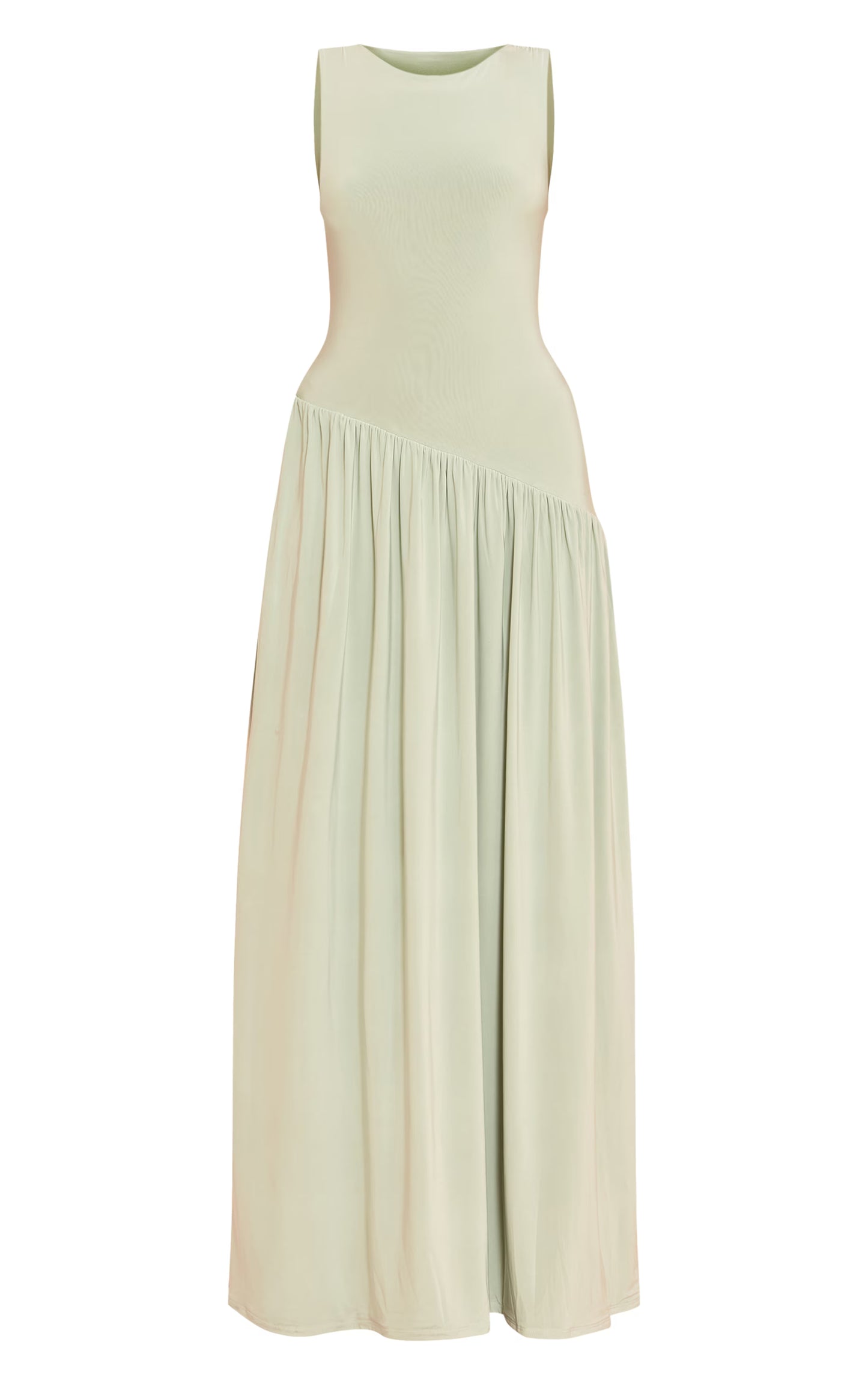 Sage Double Layer Soft Touch Asymmetric Dropped Waist Maxi Dress