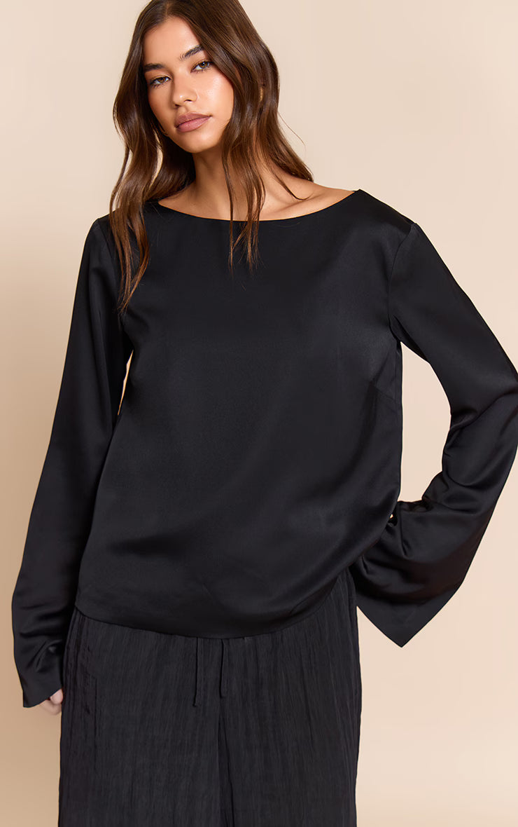 Black Satin Boat Neck Flare Sleeve Top
