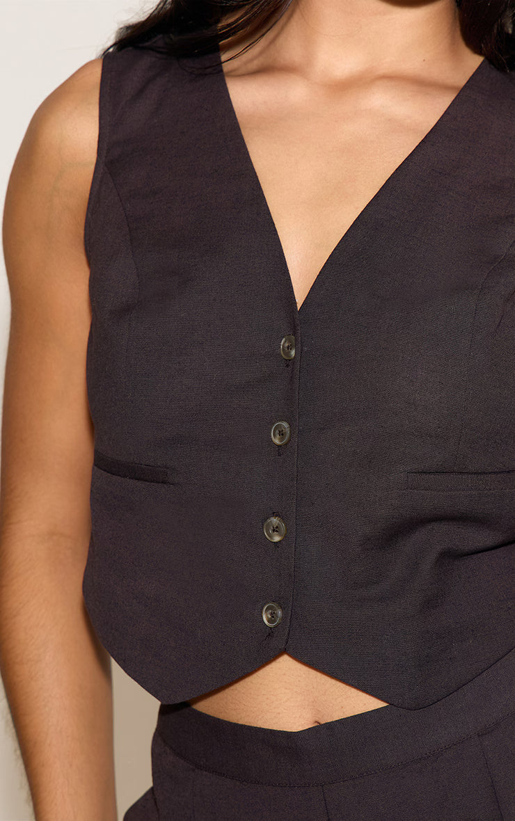 Chocolate Linen Look Boxy Detail Vest