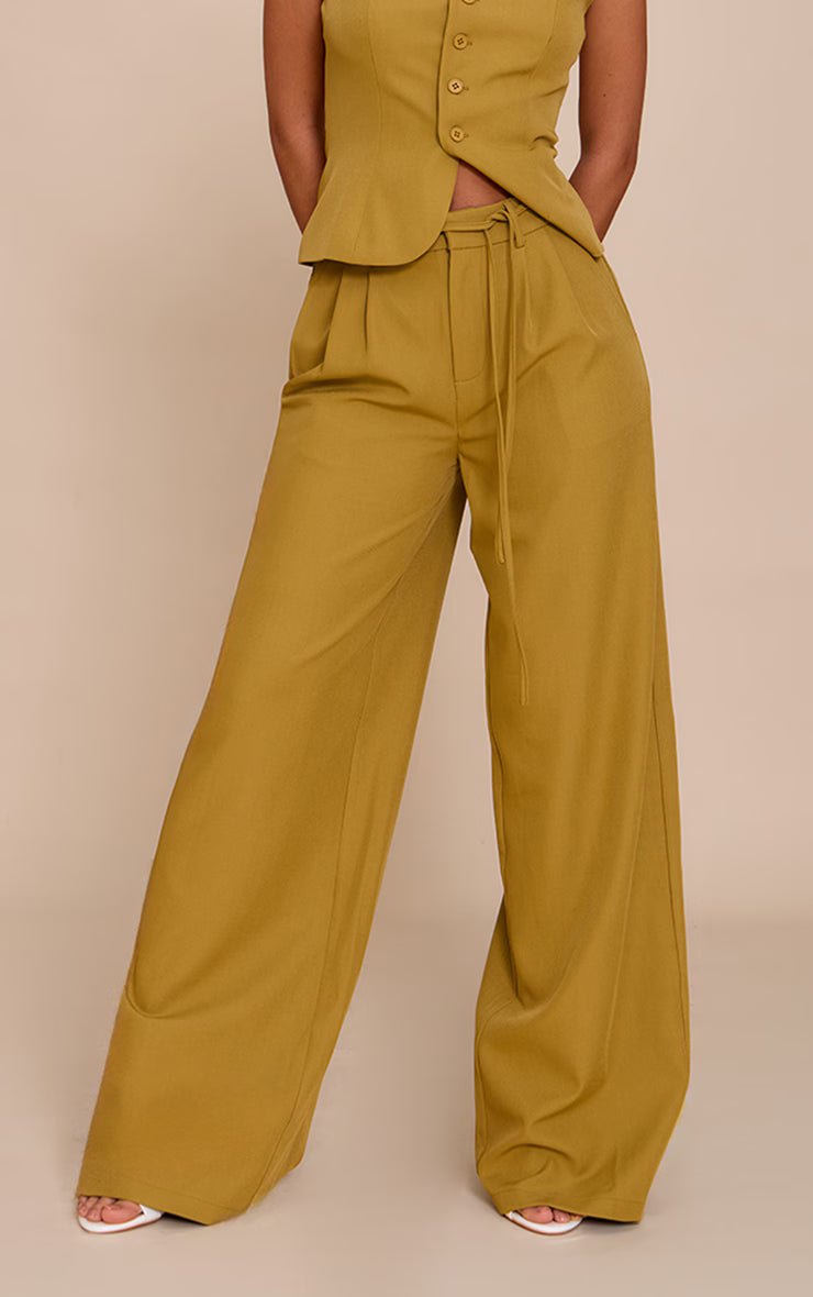 Deep Mustard Tailored Tie Detail Woven Wide Leg Pants
