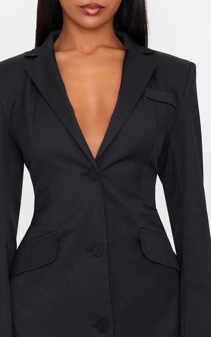 Black Woven Cinched Waist Blazer Dress
