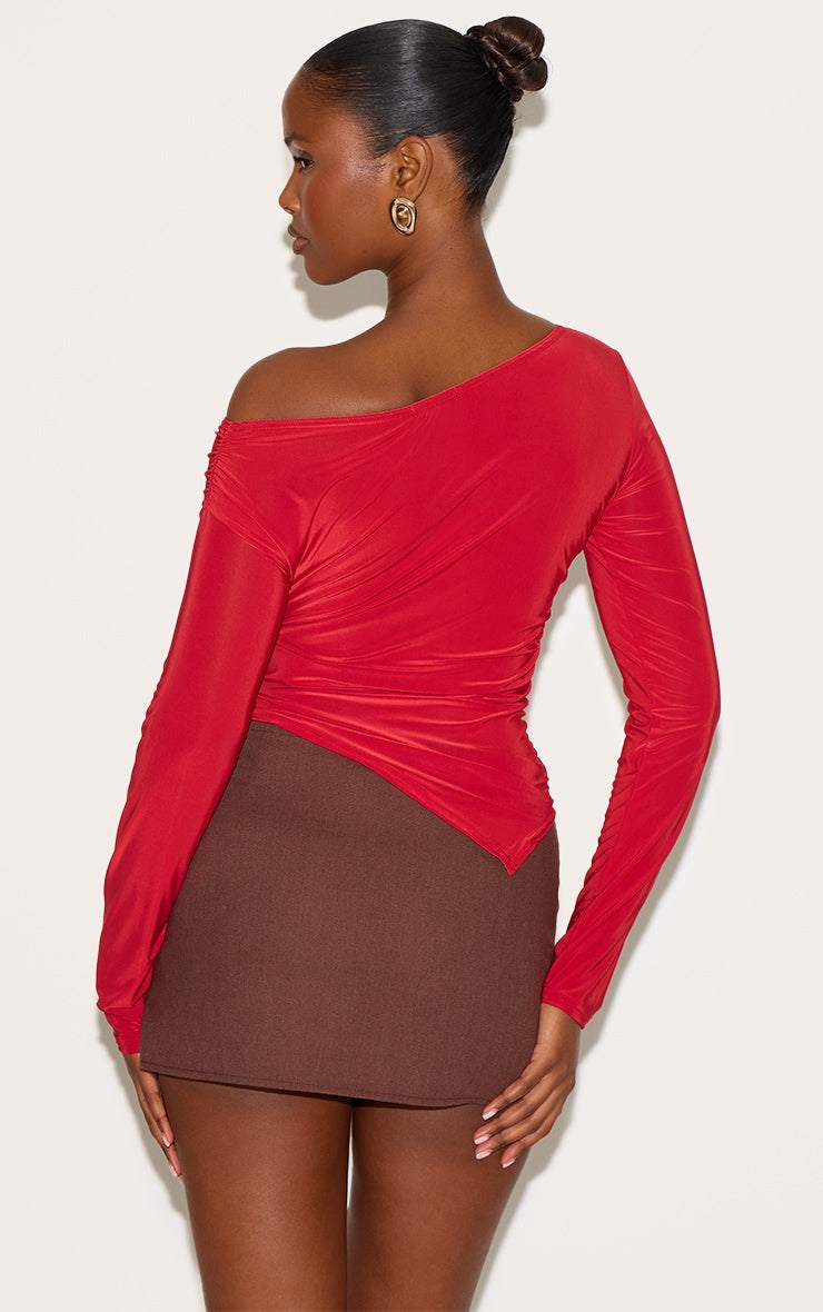 Red Soft Touch Asymmetric Ruched Long Sleeve Top