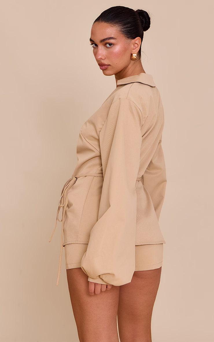 Sand Woven Tie Front Gold Hardware Detail Shirt