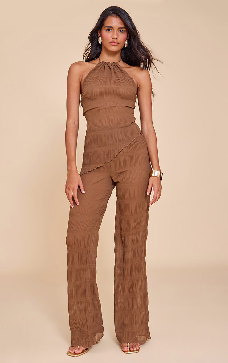 Chocolate Brown Textured Sheer Woven Backless Asymmetric Long Top