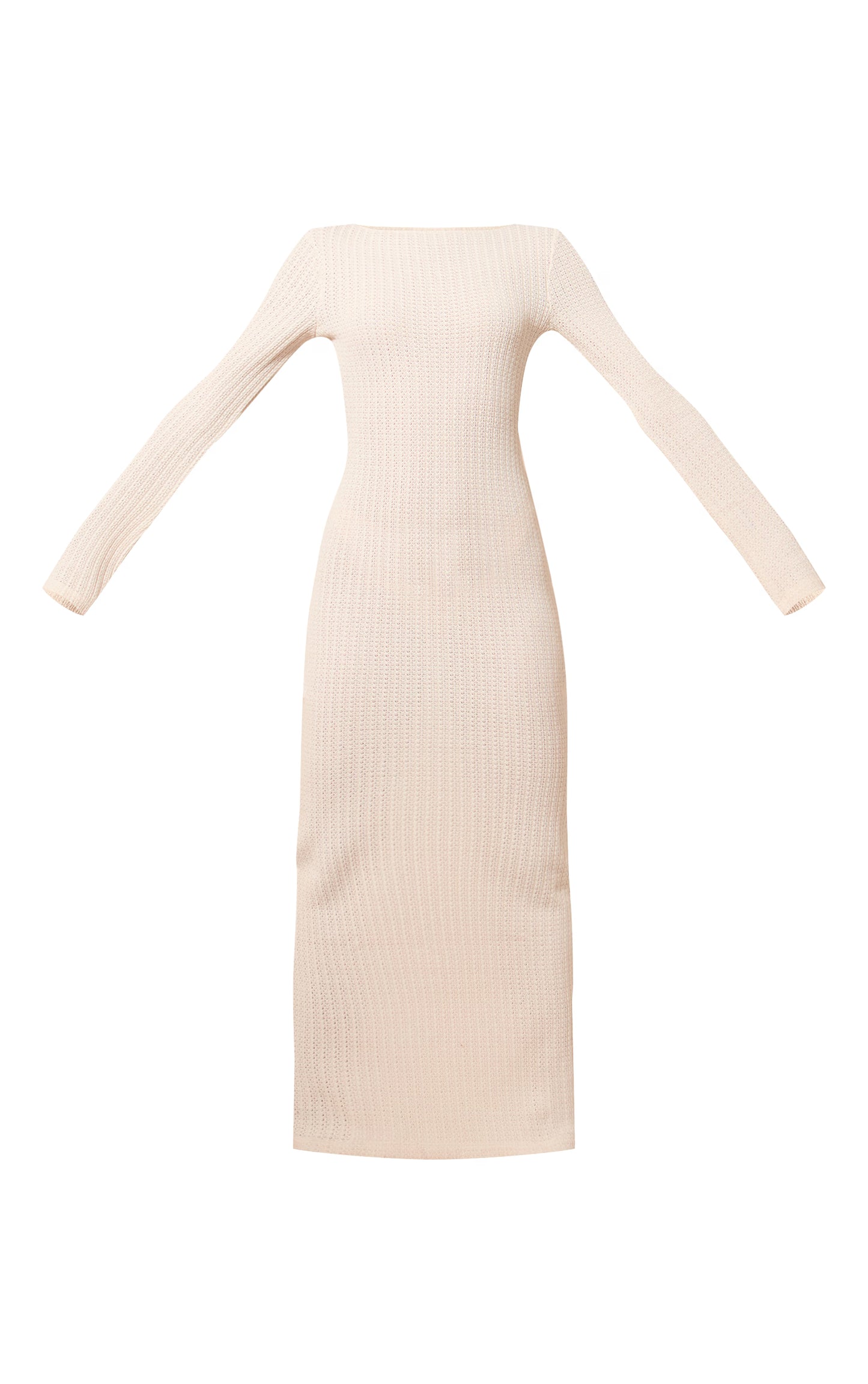 Cream Textured Boat Neck Backless Long Sleeve Maxi Dress