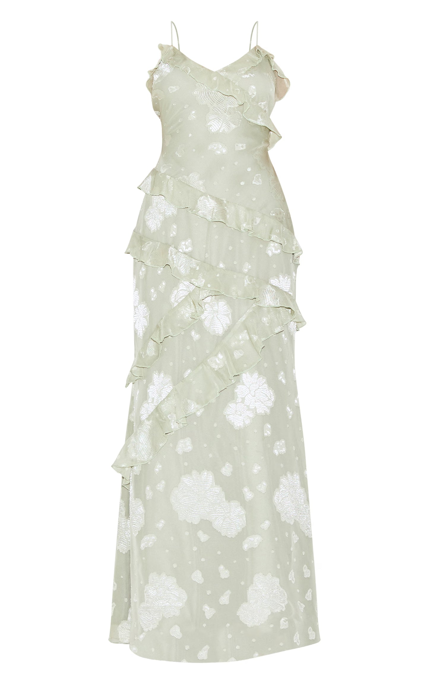 Sage Green Embroidered Frill Maxi Dress
