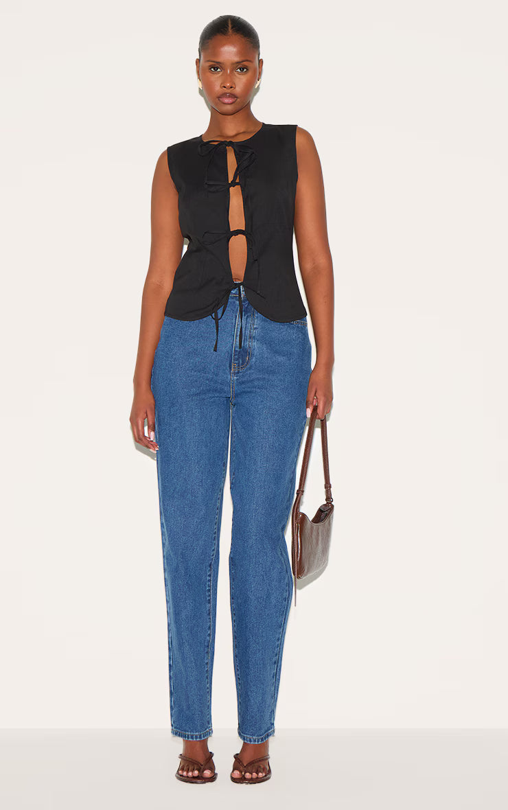 Black Lightweight Woven Tie Front Vest