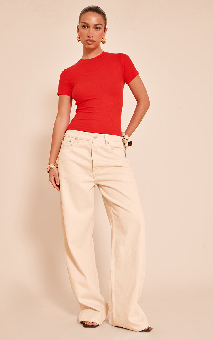 Tomato Red Soft Rib Crew Neck Short Sleeve Top