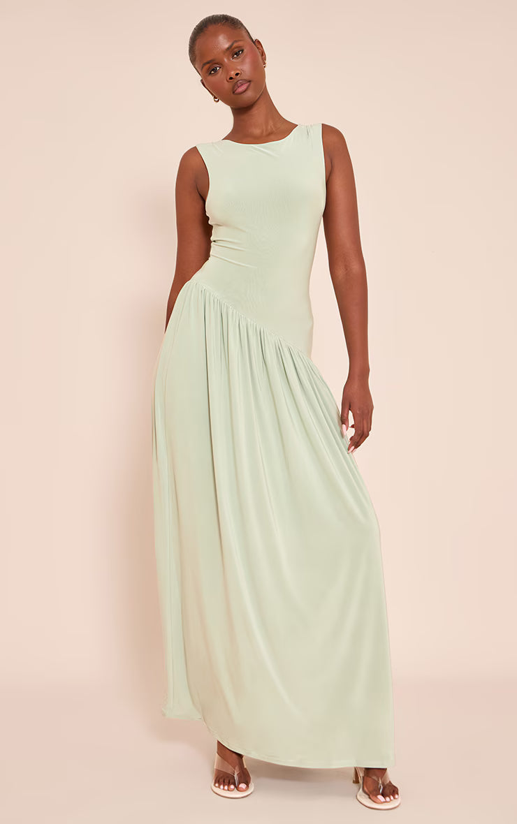 Sage Double Layer Soft Touch Asymmetric Dropped Waist Maxi Dress