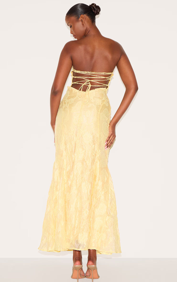 Lemon Textured Lace Up Back Maxi Dress