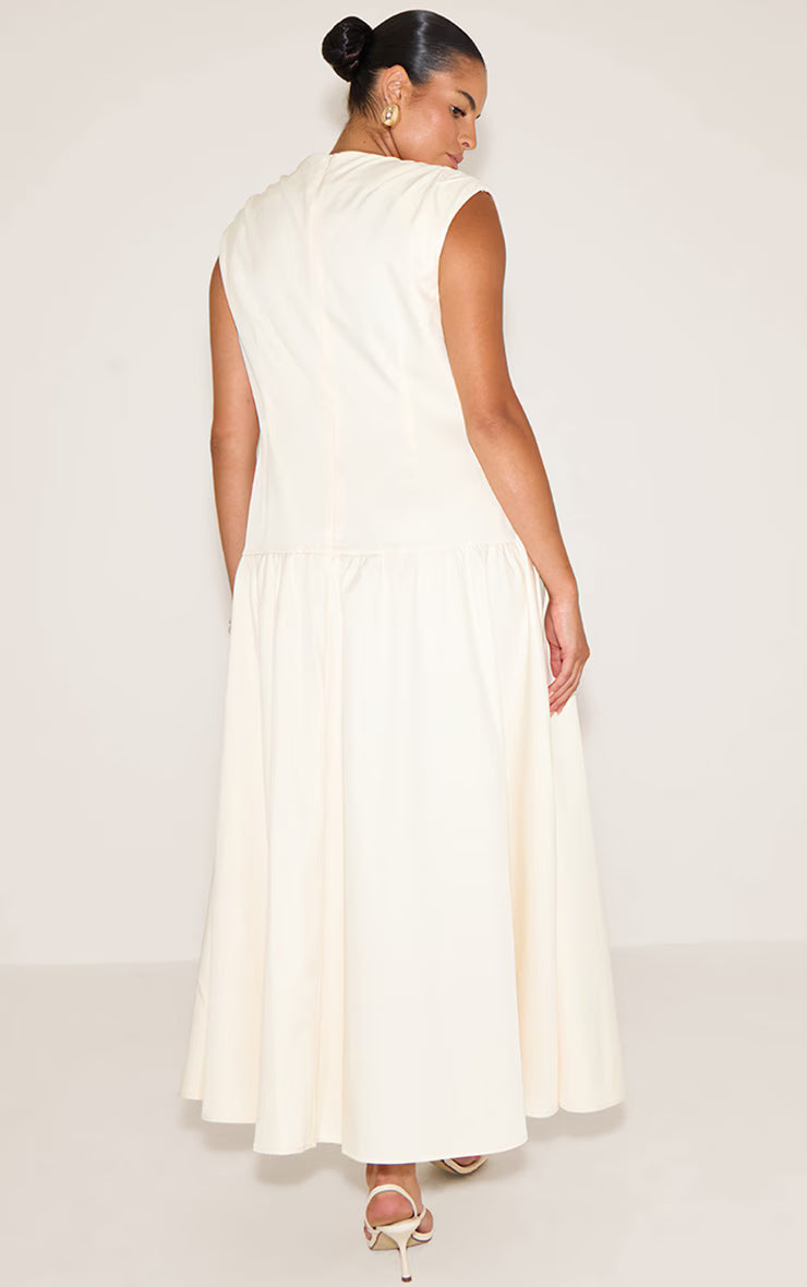 Plus Cream Woven Boat Neck Dropped Waist Maxi Dress