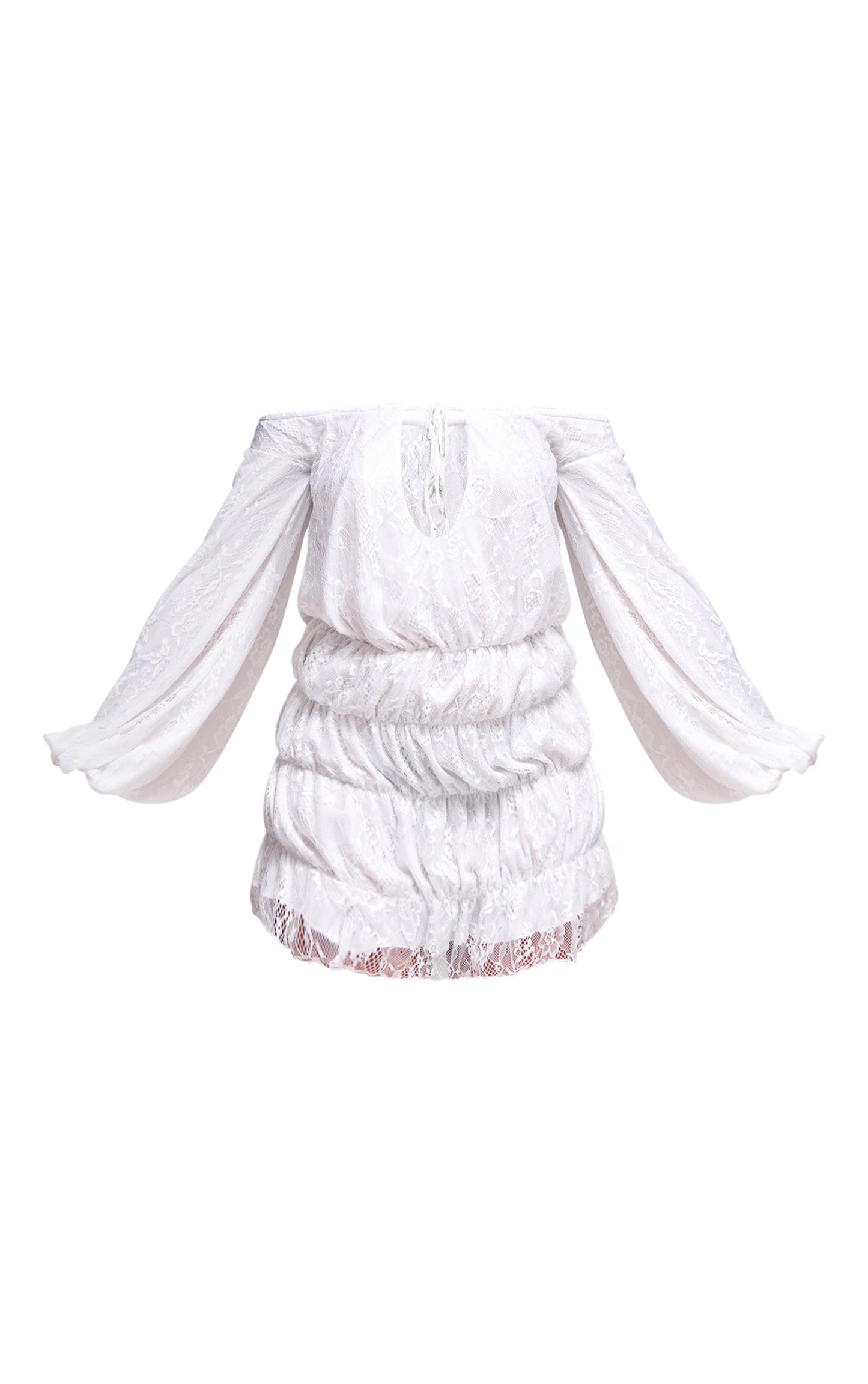 White Bardot Lined Lace Shirred Bodycon Dress