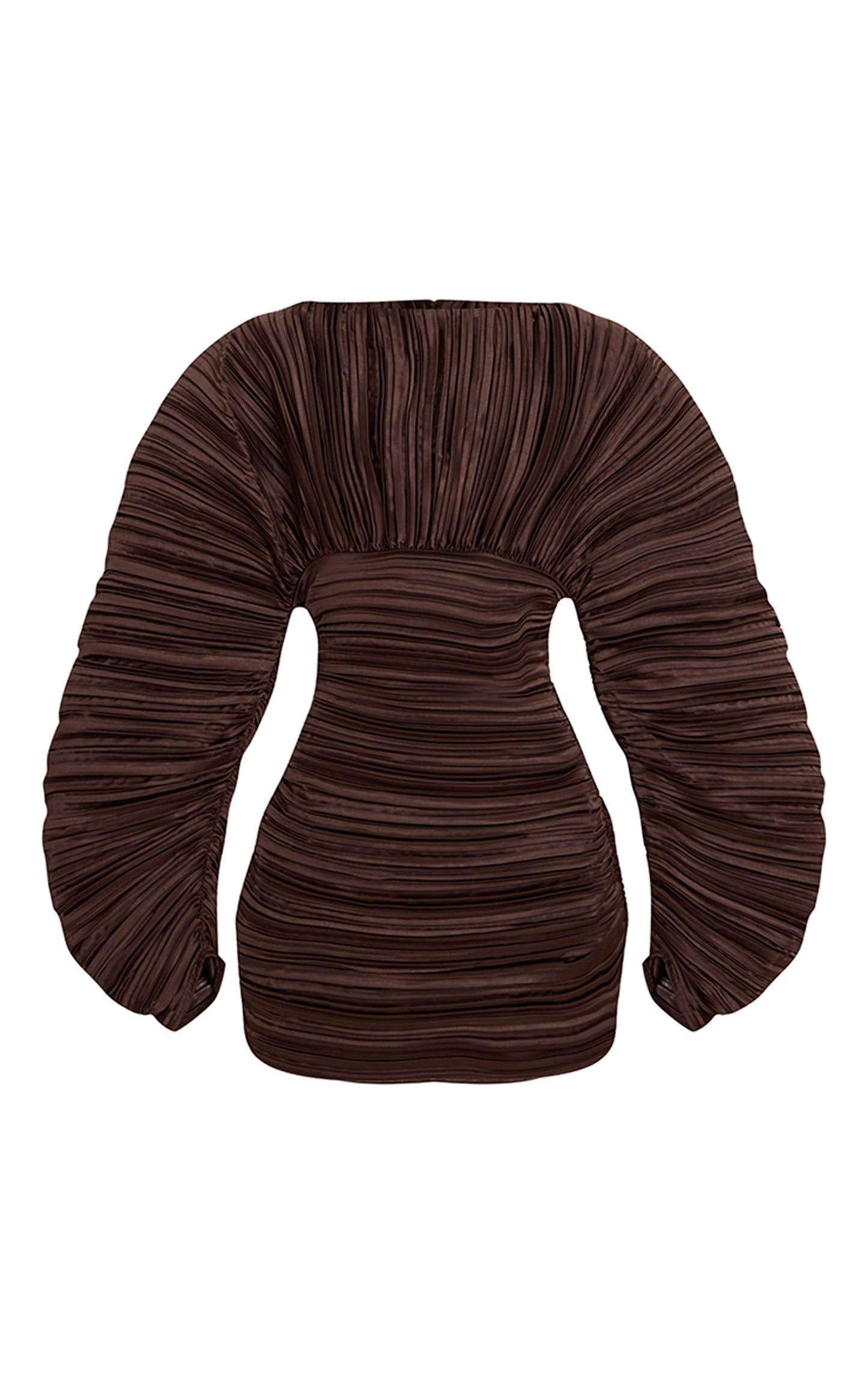 PLT Label Dark Chocolate Plisse Satin Batwing Long Sleeve Bodycon Dress