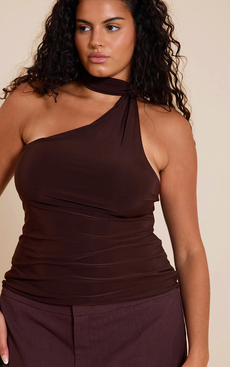 Plus Deep Chocolate Double Layer Scarf Detail Long Top