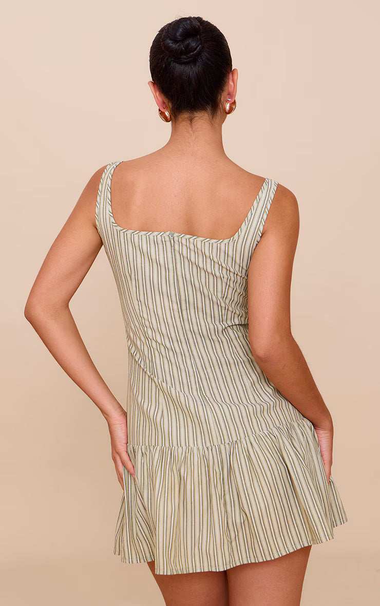 Sage Green Striped Sleeveless Straight Neck Shift Dress