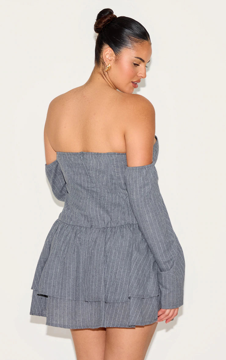 Plus Light Grey Cup Detail Pinstripe Bardot Shift Dress