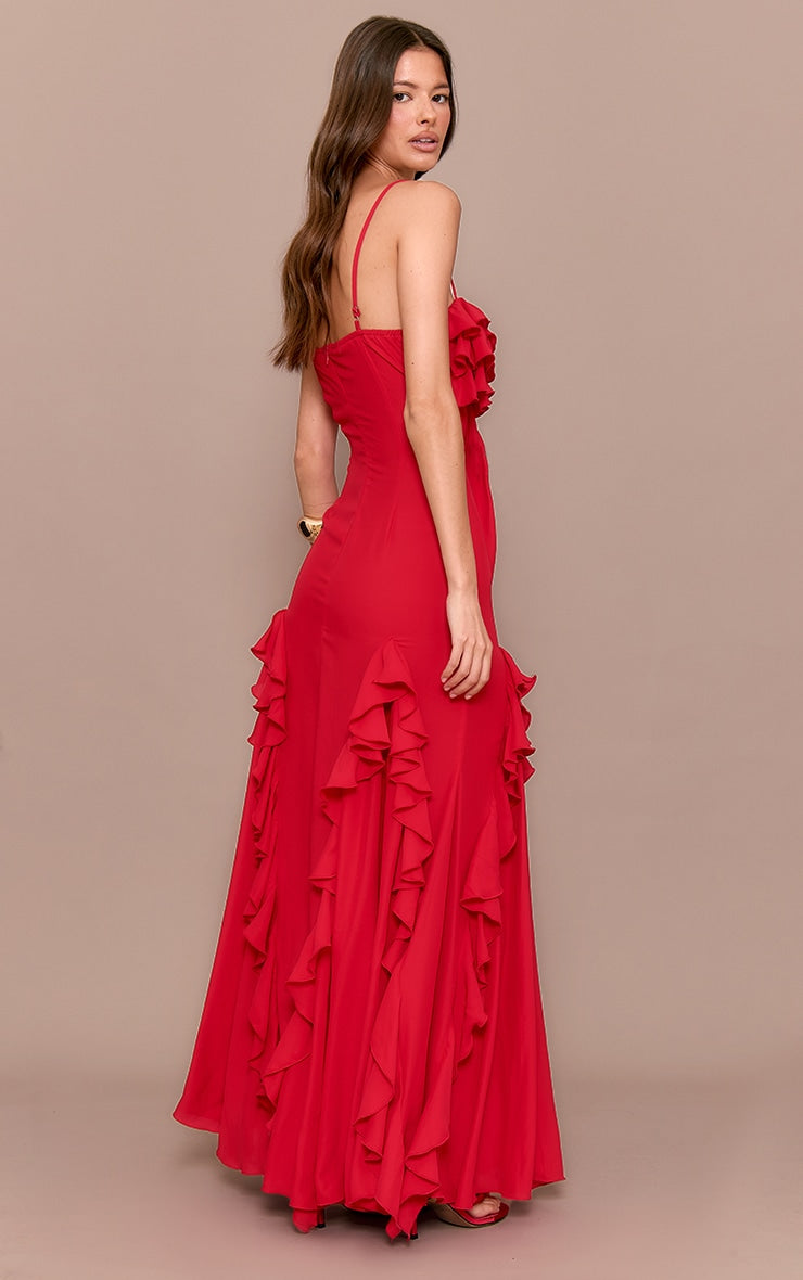 Red Frill Cup Detail Maxi Dress