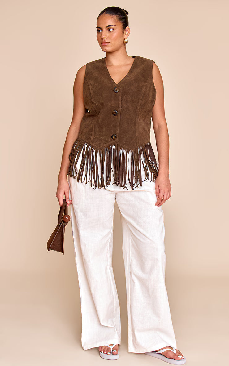Plus Light Brown Faxu Suede Tassel Vest