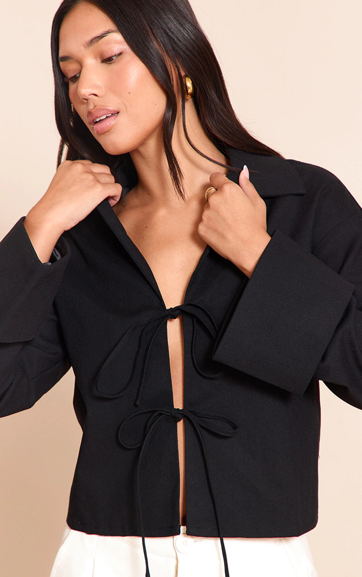 Linen Look Tie Front Structured Shirt