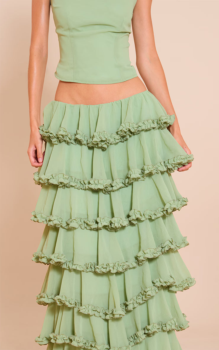 Sage Chiffon Tiered Frill Maxi Skirt