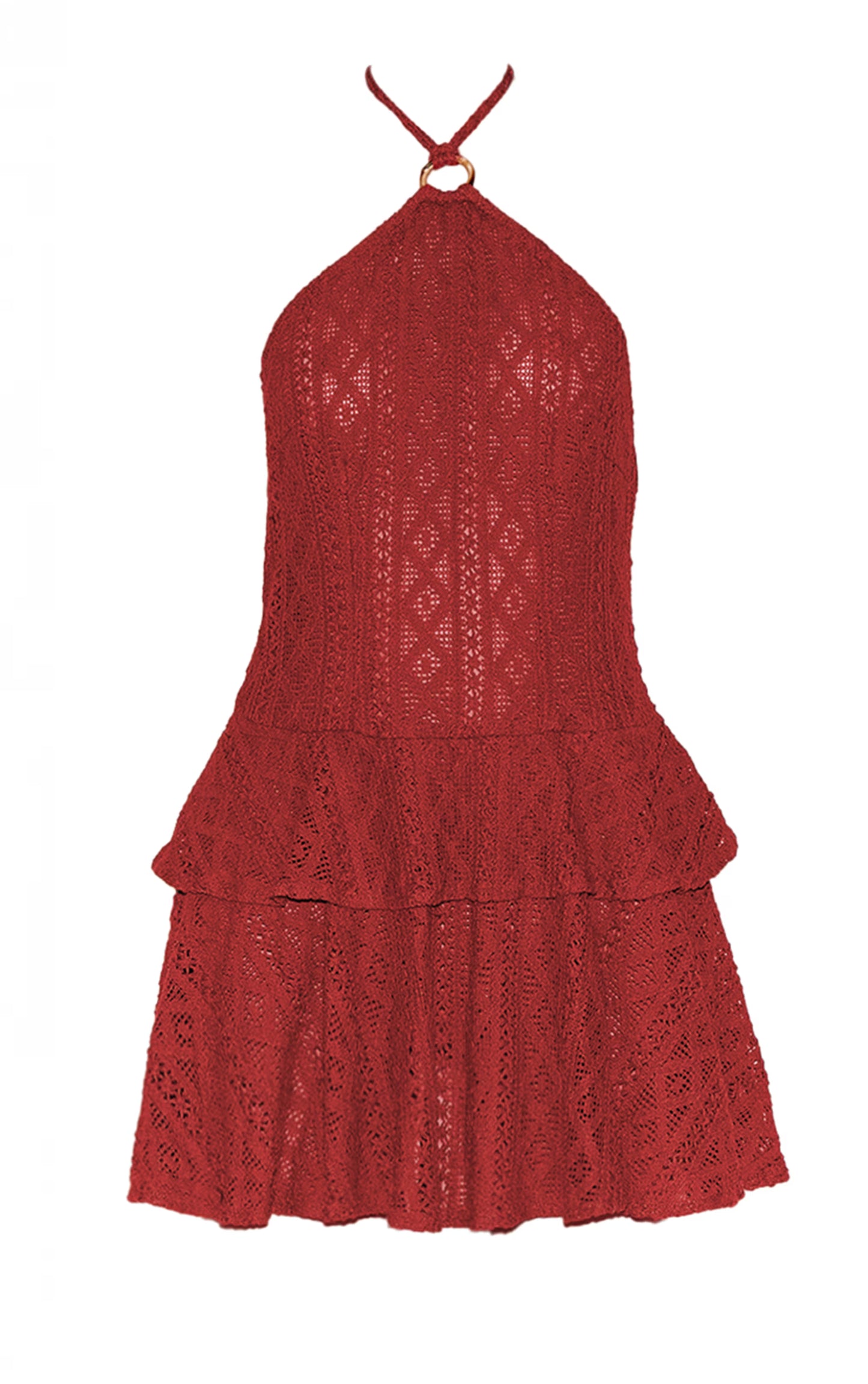 Rust Crochet Halterneck Frill Detail Shift Dress