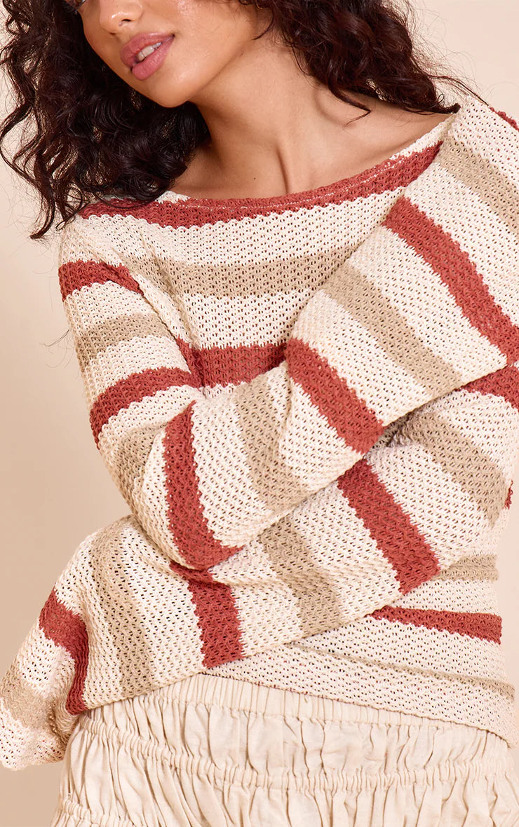 Multi Textured Striped Boat Neck Flute Sleeve Top