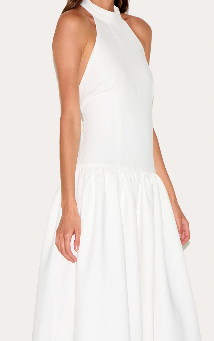 White Tailored High Neck Midaxi Dress