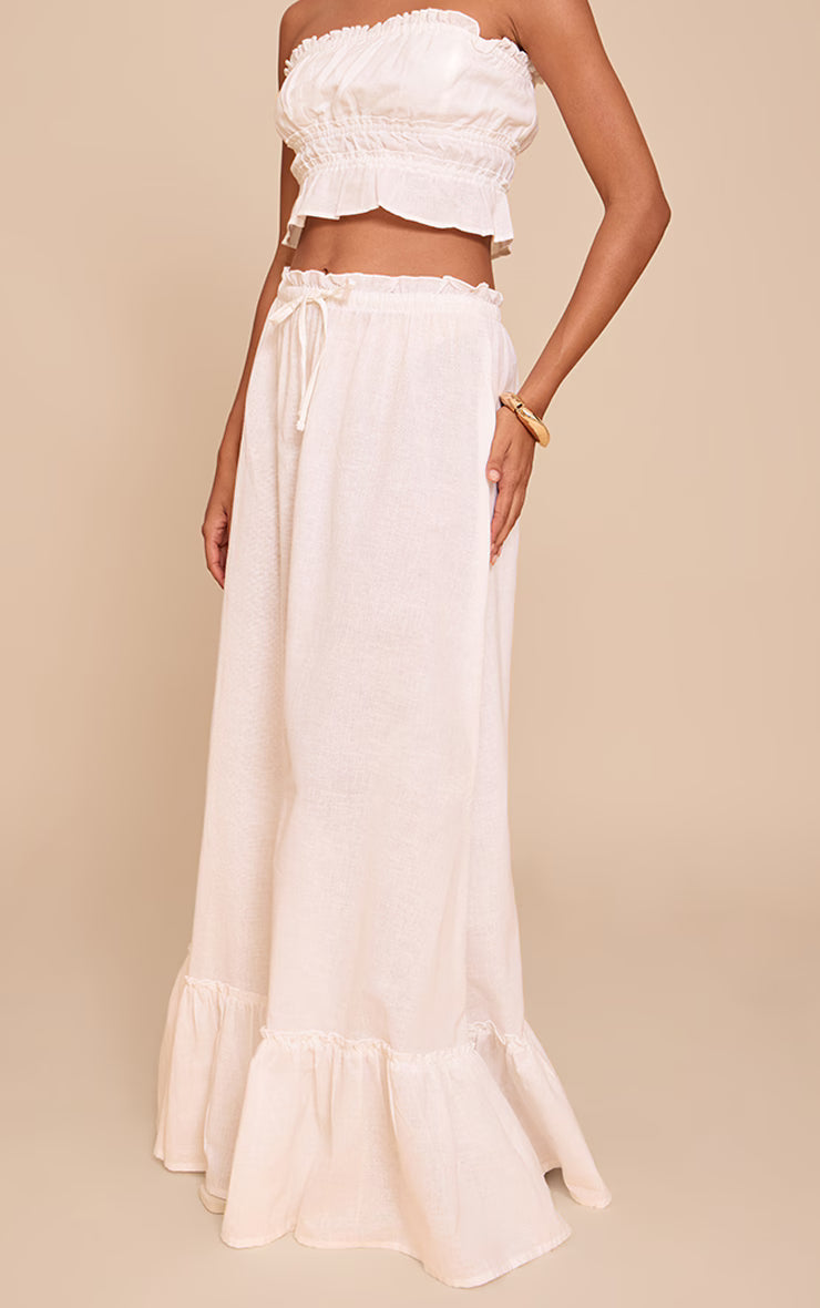 White Linen Blend Shirred Waist Maxi Skirt