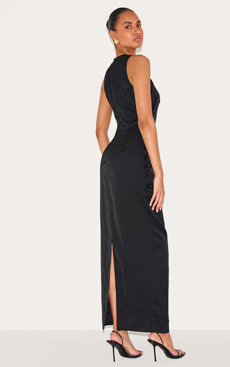 Black Woven Racer Button Detail Midaxi Dress