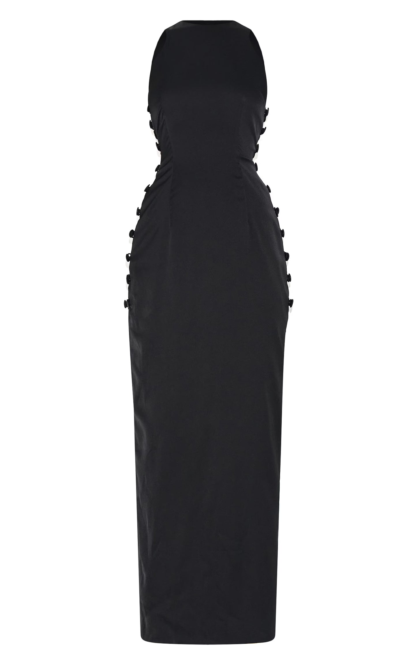 Black Woven Racer Button Detail Midaxi Dress
