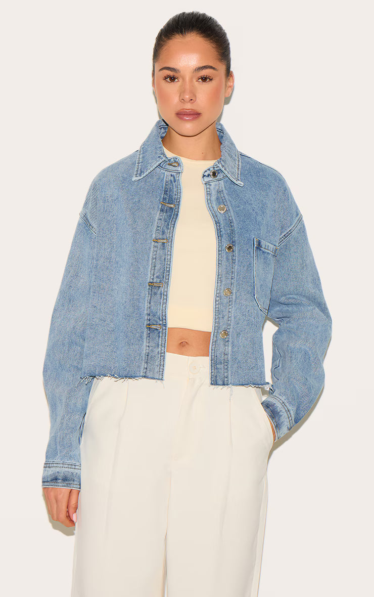 Mid Blue Wash Raw Hem Cropped Denim Shirt