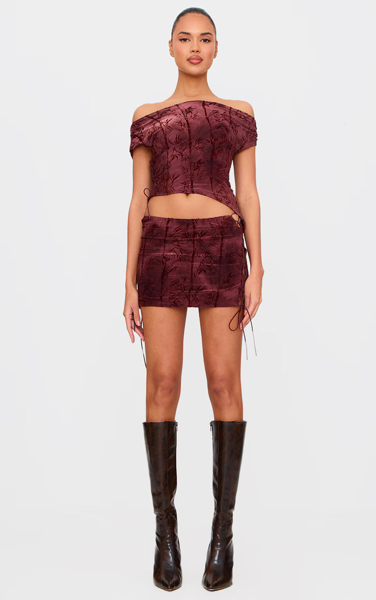 Burgundy Devore Tie Detail Micro Mini Skirt