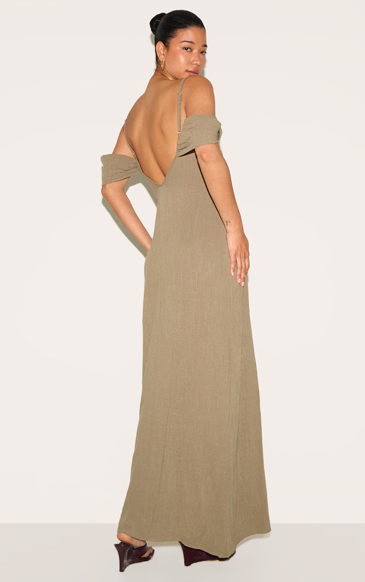 Khaki Textured Strappy Drape Detail Maxi Dress