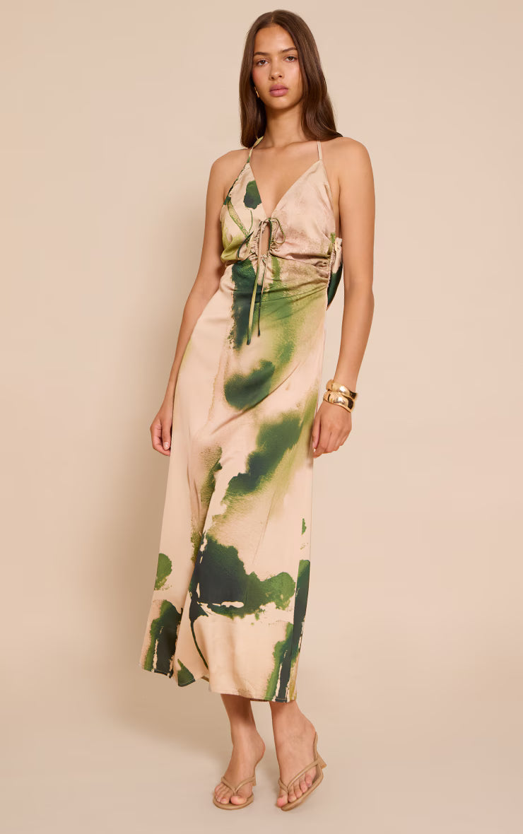 Green Floral Satin Tie Front Maxi Dress