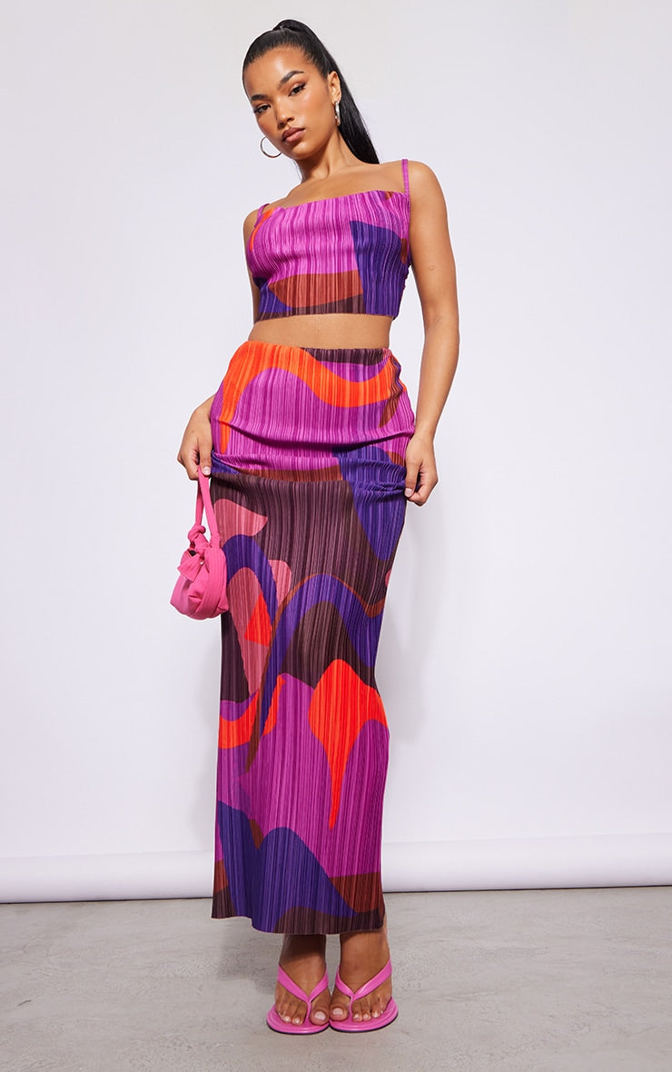 Pink Print Plisse Strappy Cowl Neck Top