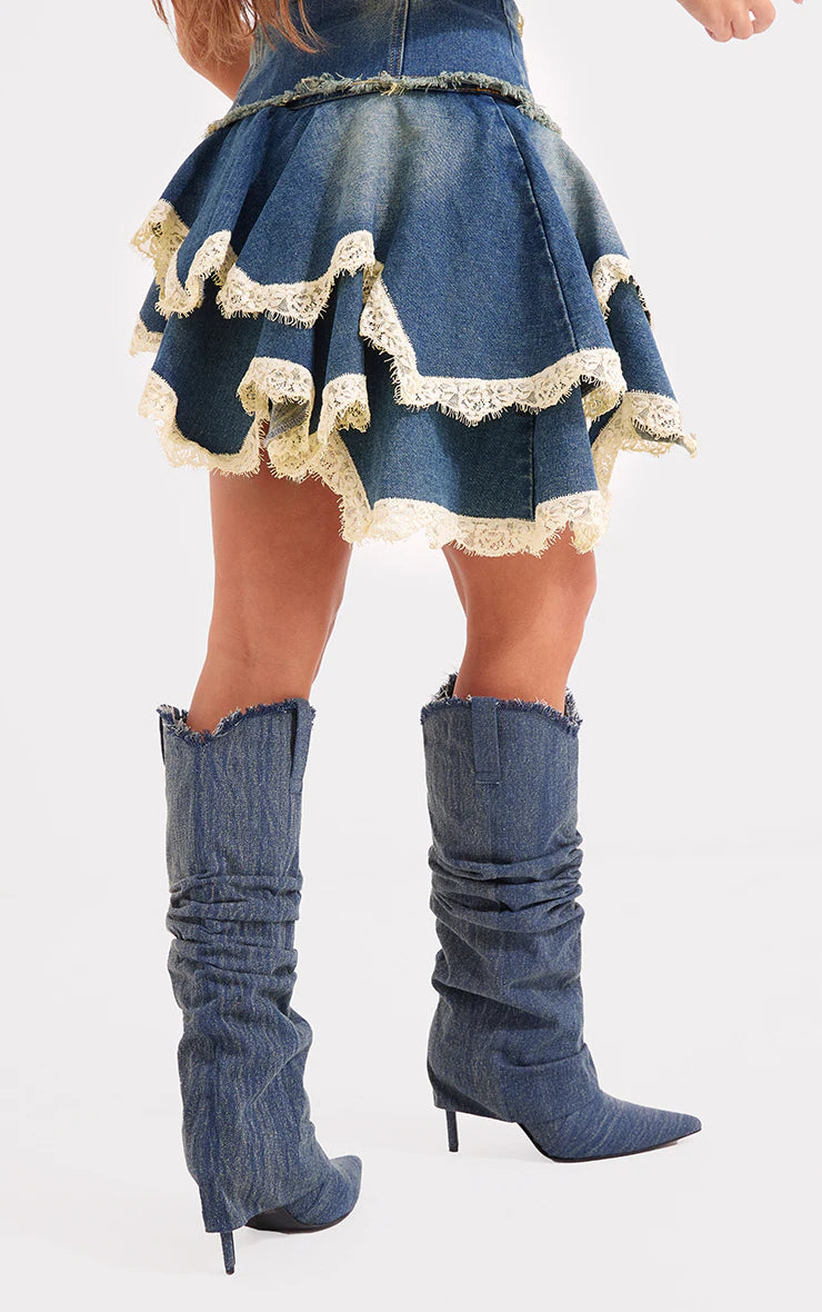 Mid Blue Wash Lace Trim Freyed Edge Denim Skater Skirt