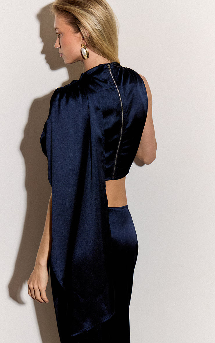 Navy Satin Drape Top