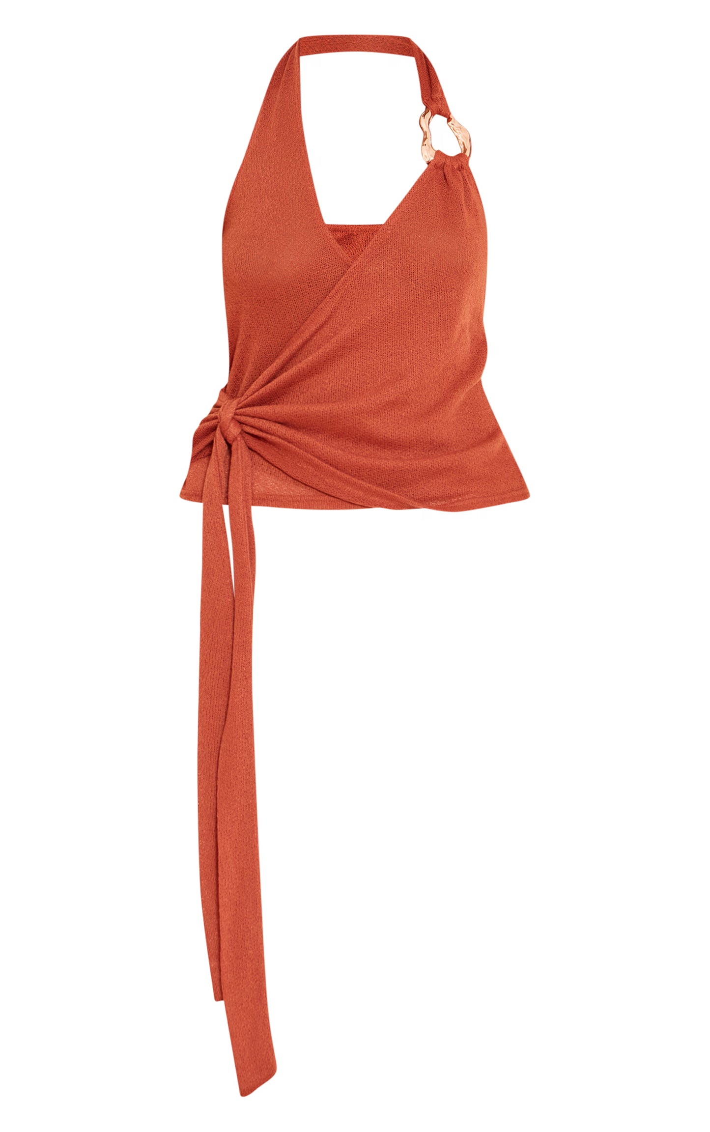 Rust Tie Detail Halter Neck Trim Knit Top