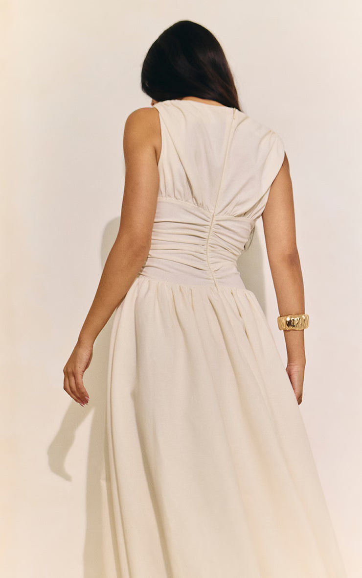 Cream Boat Neck Ruched Detail Puffball Maxi Dress