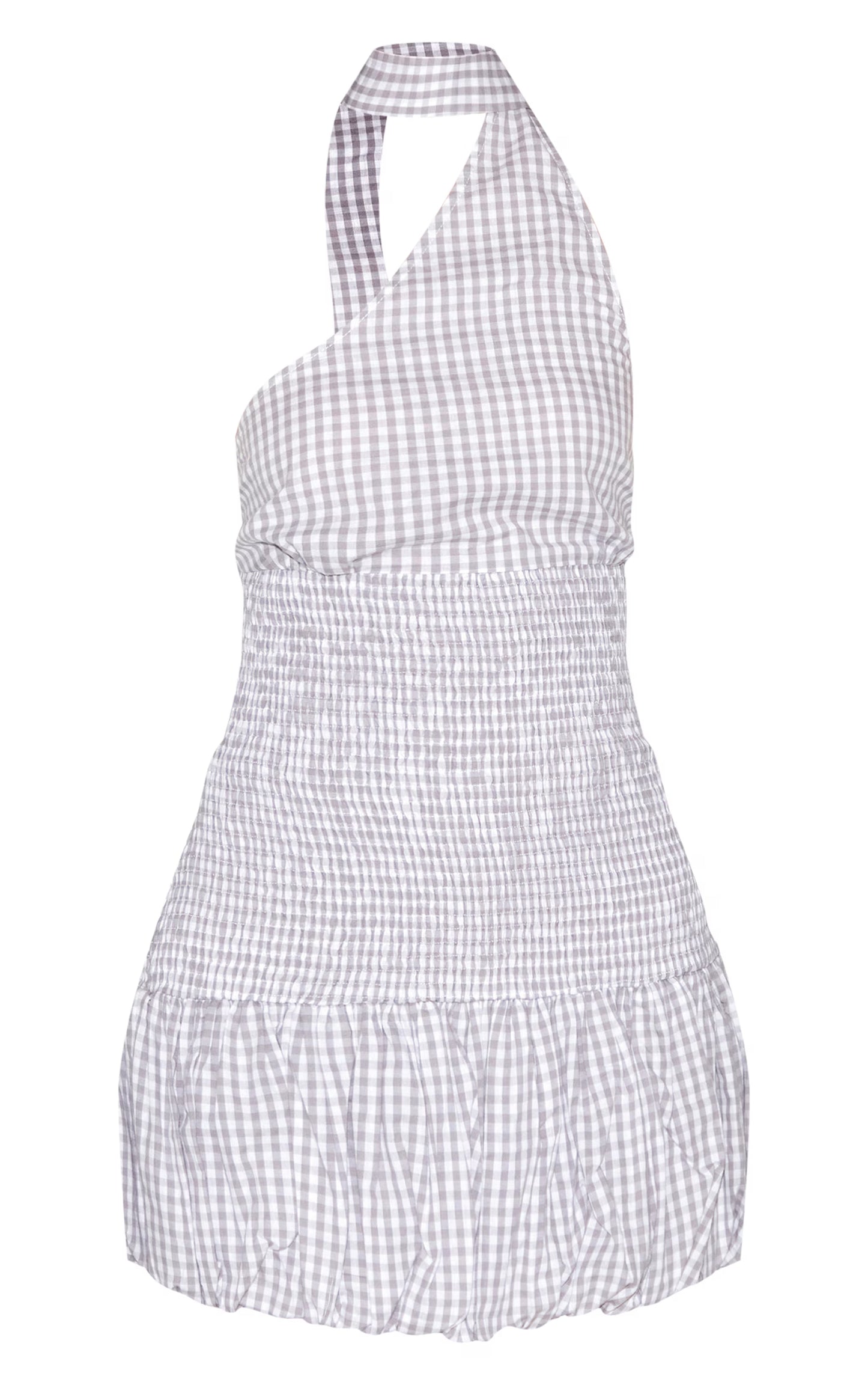 Grey Gingham Shirred Puffball Mini Dress