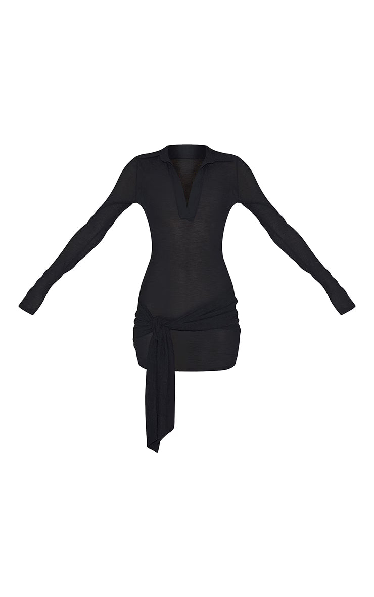Black Textured Tie Detail Bodycon Dress