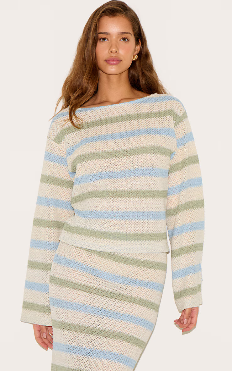 Sage Striped Boatneck Long Sleeve Top