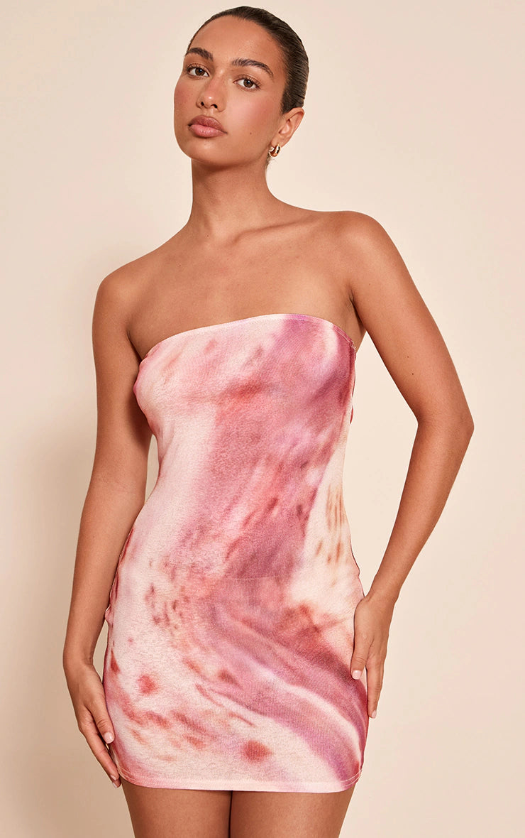 Pink Abstract Print Onion Skin Bandeau Mini Dress