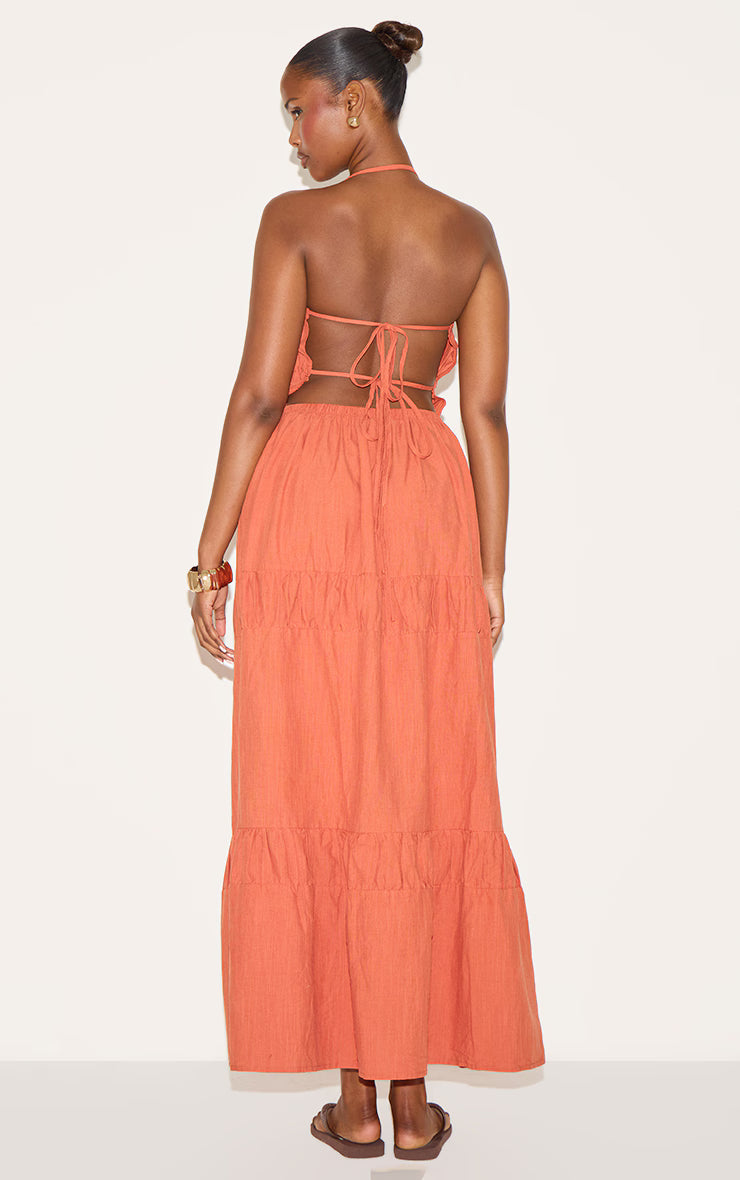 Rust Ruched Backless Strappy Maxi Dress