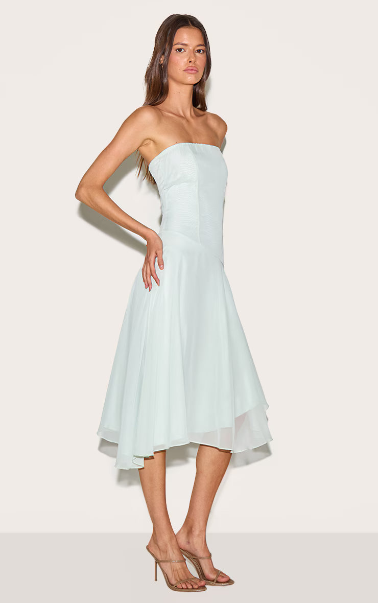 Sage Bandeau Asymmetric Hem Midaxi Dress
